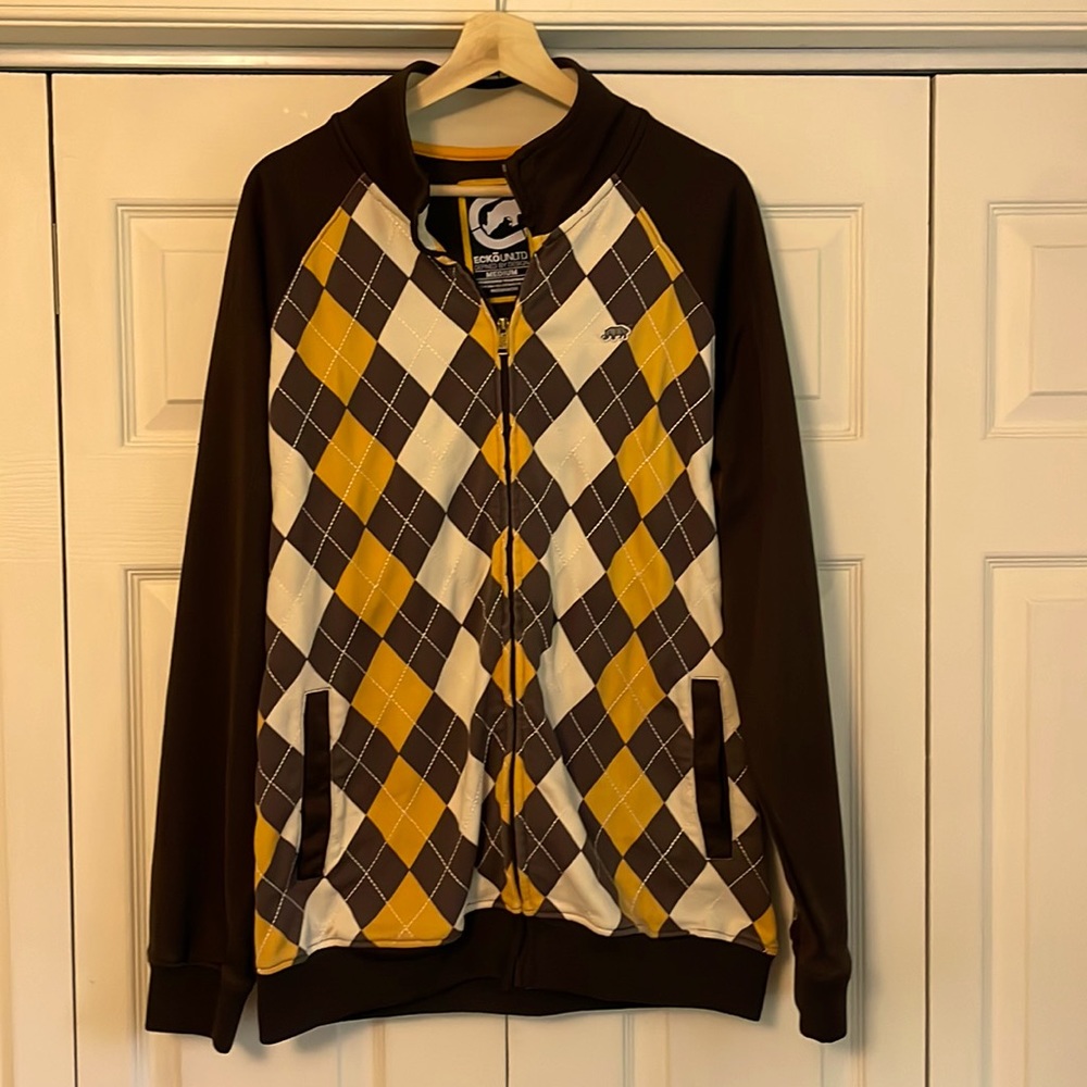 ECKO UNLTD. VINTAGE JACKET ARGYLE DIAMOND PRINT YELLOW BROWN.